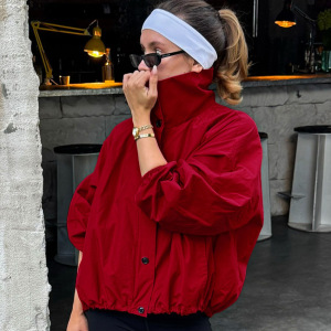 Veste Rouge Décontractée À Col Roulé, Coupe Ample, À Boutons, Longue Et Coupe-Vent, Séchage Rapide, Couleur Unie. h5 Image2