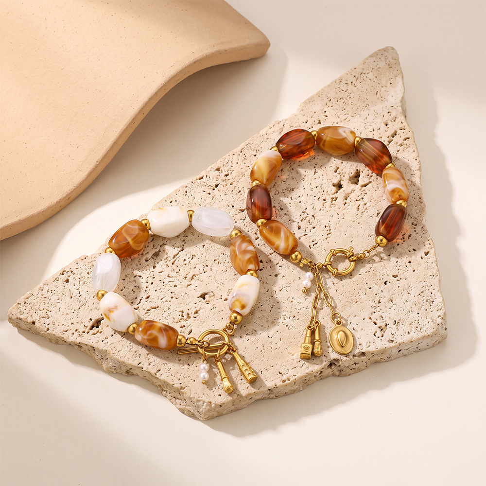 Bracelet Classique Et Élégant Pour Femme, En Acier Inoxydable Imperméable, Perles Dégradées, Couleur Or Et Pierres Naturelles. Image3