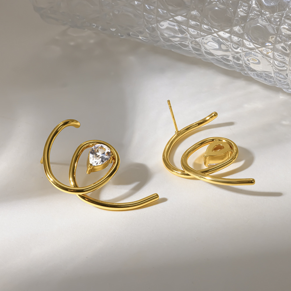 Boucles D'Oreilles Puces Pour Femmes, Collection Simple, En Acier Inoxydable, Étanches, Couleur Or, Avec Zircon. h5Image2