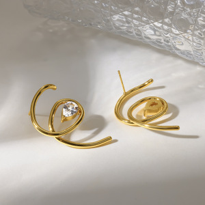 Boucles D'Oreilles Puces Pour Femmes, Collection Simple, En Acier Inoxydable, Étanches, Couleur Or, Avec Zircon. h5 Image2