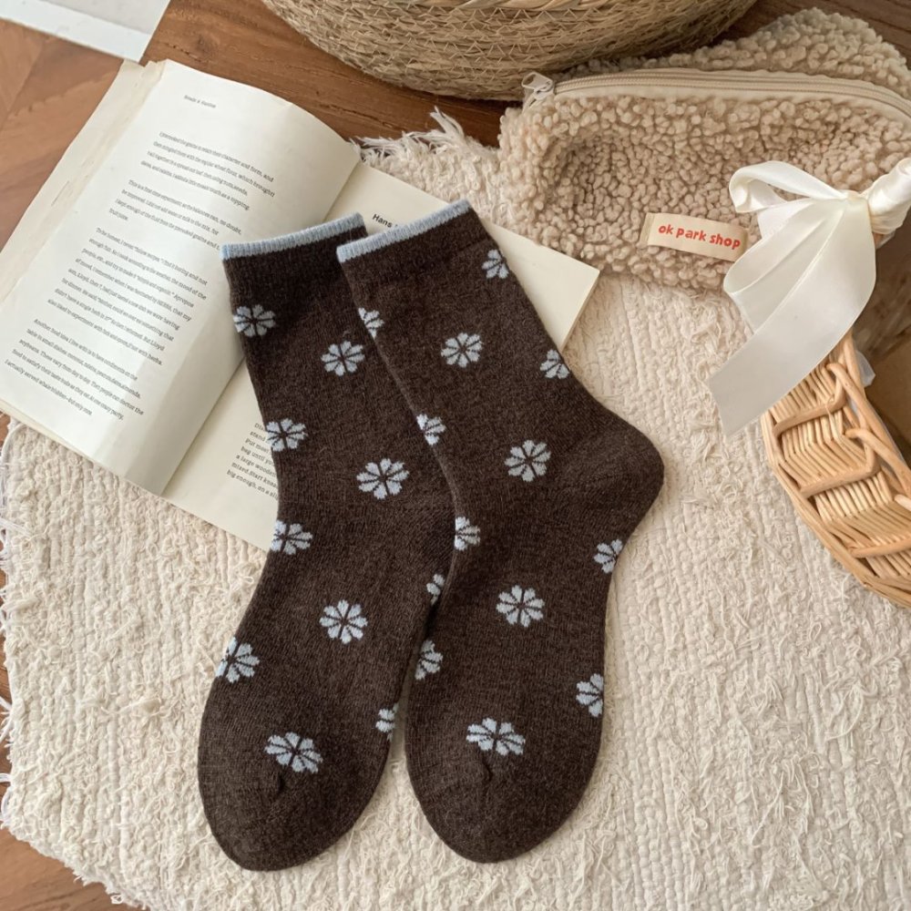 Chaussettes Mi-Mollet En Laine À Rayures Basiques, À Carreaux, À Pois Et À Petits Motifs Floraux 