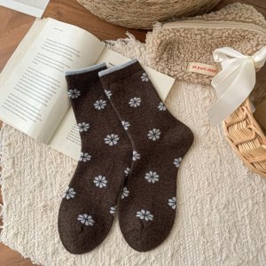 Chaussettes Mi-Mollet En Laine À Rayures Basiques, À Carreaux, À Pois Et À Petits Motifs Floraux h5 