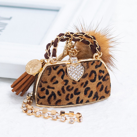 Porte-Clés Simple Series Retro Cœur Imprimé Léopard Chaîne À Pompon En Alliage Strass 2