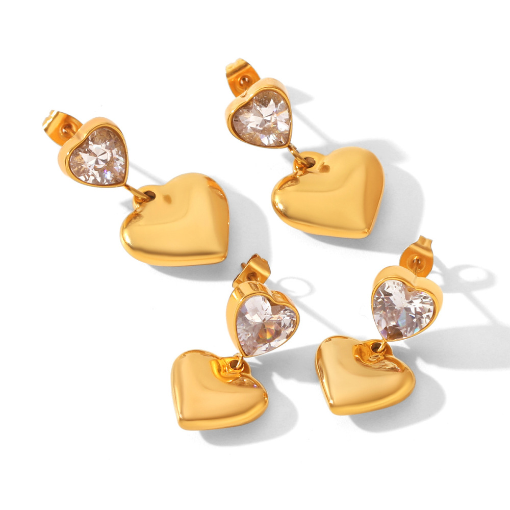 Boucles D'Oreilles Pendantes Pour Femme En Acier Inoxydable, Imperméables, Couleur Or, Avec Zircon Et Motif Cœur Image6