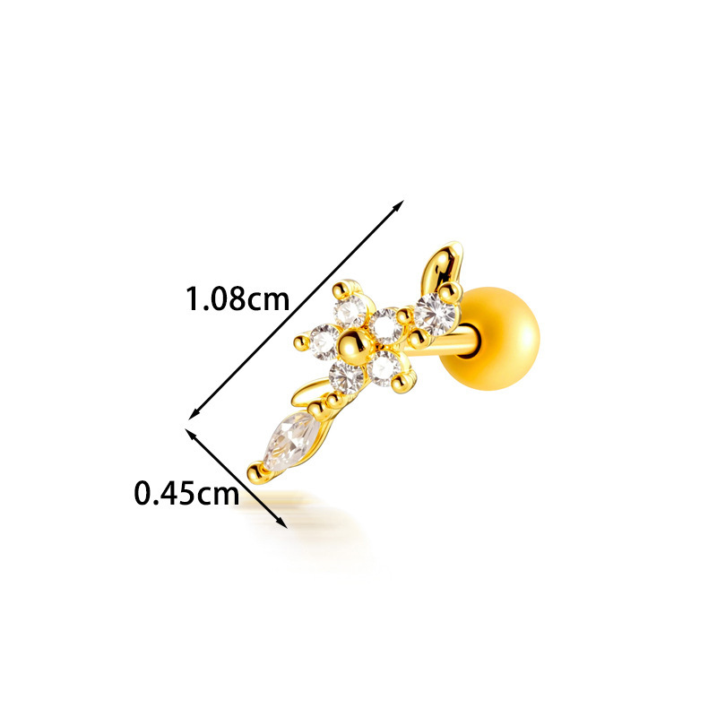 Boucles D'Oreilles Piercing Pour Femmes, Collection Simple, Motif Fleur, Couleur Cuivre Doré Et Zircon.