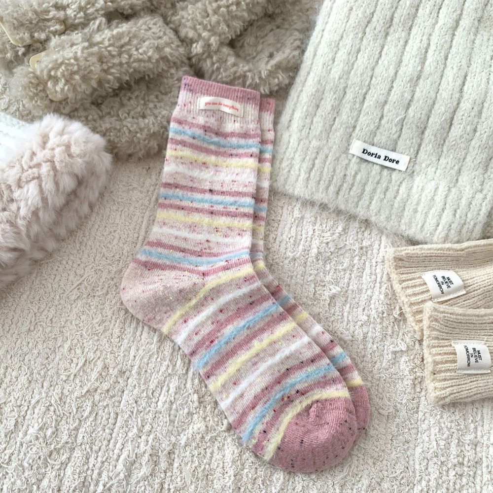 Chaussettes Mi-Mollet En Laine À Rayures Basiques Et À Carreaux Pour Femmes, Avec Motif Cœur Et Contraste De Couleurs