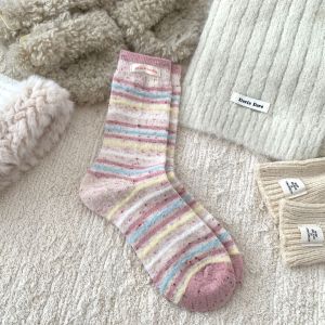 Chaussettes Mi-Mollet En Laine À Rayures Basiques Et À Carreaux Pour Femmes, Avec Motif Cœur Et Contraste De Couleurs h5