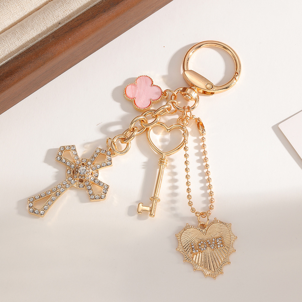 Porte-Clés Luxueux Et Décontracté En Forme De Cœur Et De Croix, Avec Cadenas Trèfle Et Strass, En Alliage. Image3