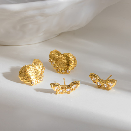 Boucles D'Oreilles Puces Pour Femmes En Acier Inoxydable, Forme Ailes De Papillon, Couleur Or, Zircon, Étanches