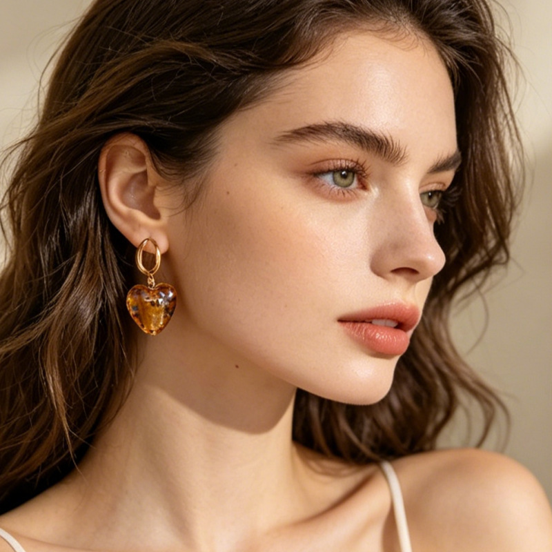 Boucles D'Oreilles Pendantes Pour Femmes, En Acier Inoxydable Doré, Style Simple, Mignonnes, En Forme De Cœur Et De Cercle, Dégradé De Couleurs. Design Mignon, Cœur Et Cercle. Couleurs Dégradées. Acier Inoxydable Étanche. Couleur Dorée. Image3