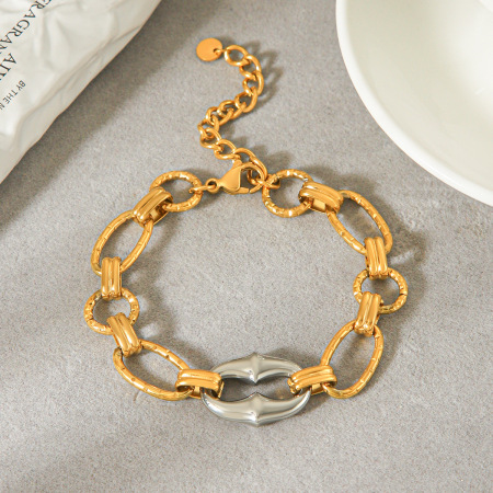 Bracelet Chaîne Femme Simple Series Daily, Coloris Or Et Argent, Forme Elliptique, En Acier Inoxydable Étanche, Couleur Or. 2