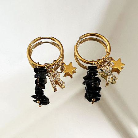 Boucles d'oreilles créoles élégantes pour femme, collection romantique, avec perles en forme d'étoile et lettres, en acier inoxydable étanche, couleur or et pierre naturelle.