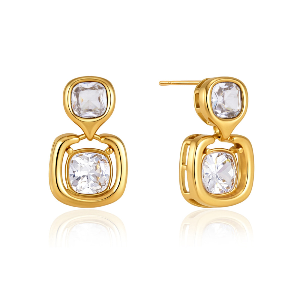 Boucles D'Oreilles Puces Élégantes En Forme De Rectangle Patchwork, En Acier Inoxydable Imperméable, Couleur Or, Avec Zircon, Collection Luxueuse h5Image4