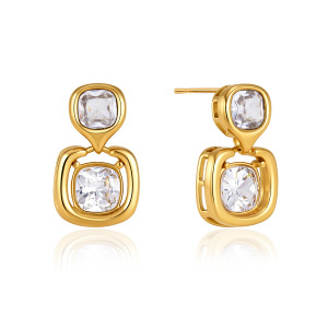 Boucles D'Oreilles Puces Élégantes En Forme De Rectangle Patchwork, En Acier Inoxydable Imperméable, Couleur Or, Avec Zircon, Collection Luxueuse h5 Image4