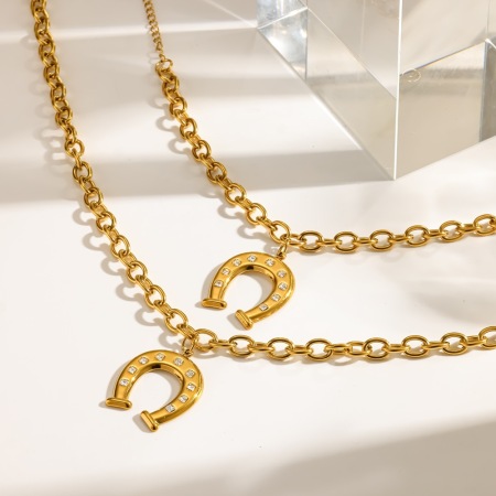 Ensemble de collier pour femme en acier inoxydable en forme de fer à cheval, étanche, couleur or et strass