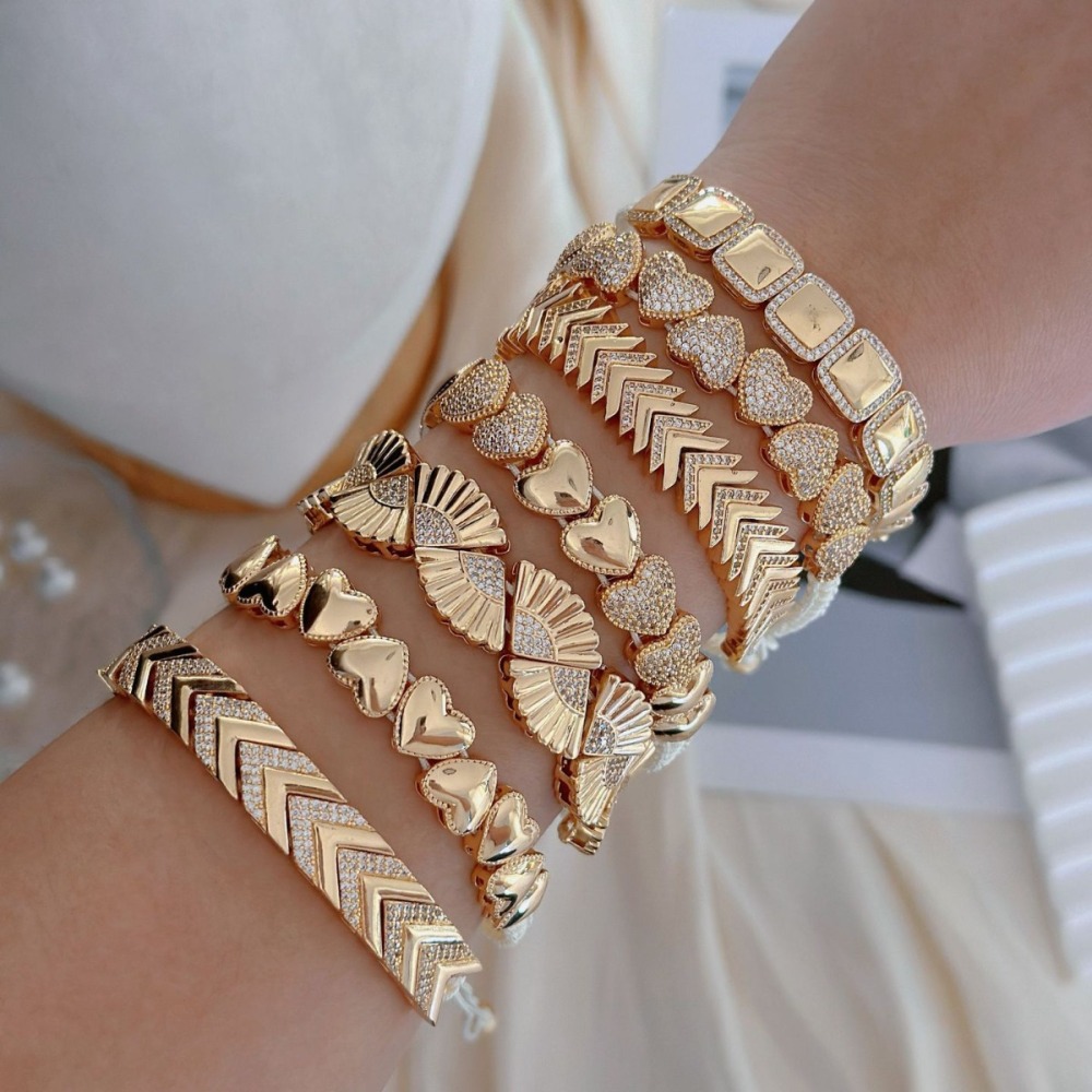 Bracelets Tressés Pour Femmes, Collection Luxueuse, Élégants, En Patchwork De Cœurs, Forme Géométrique, Couleur Cuivre Et Or. Image4