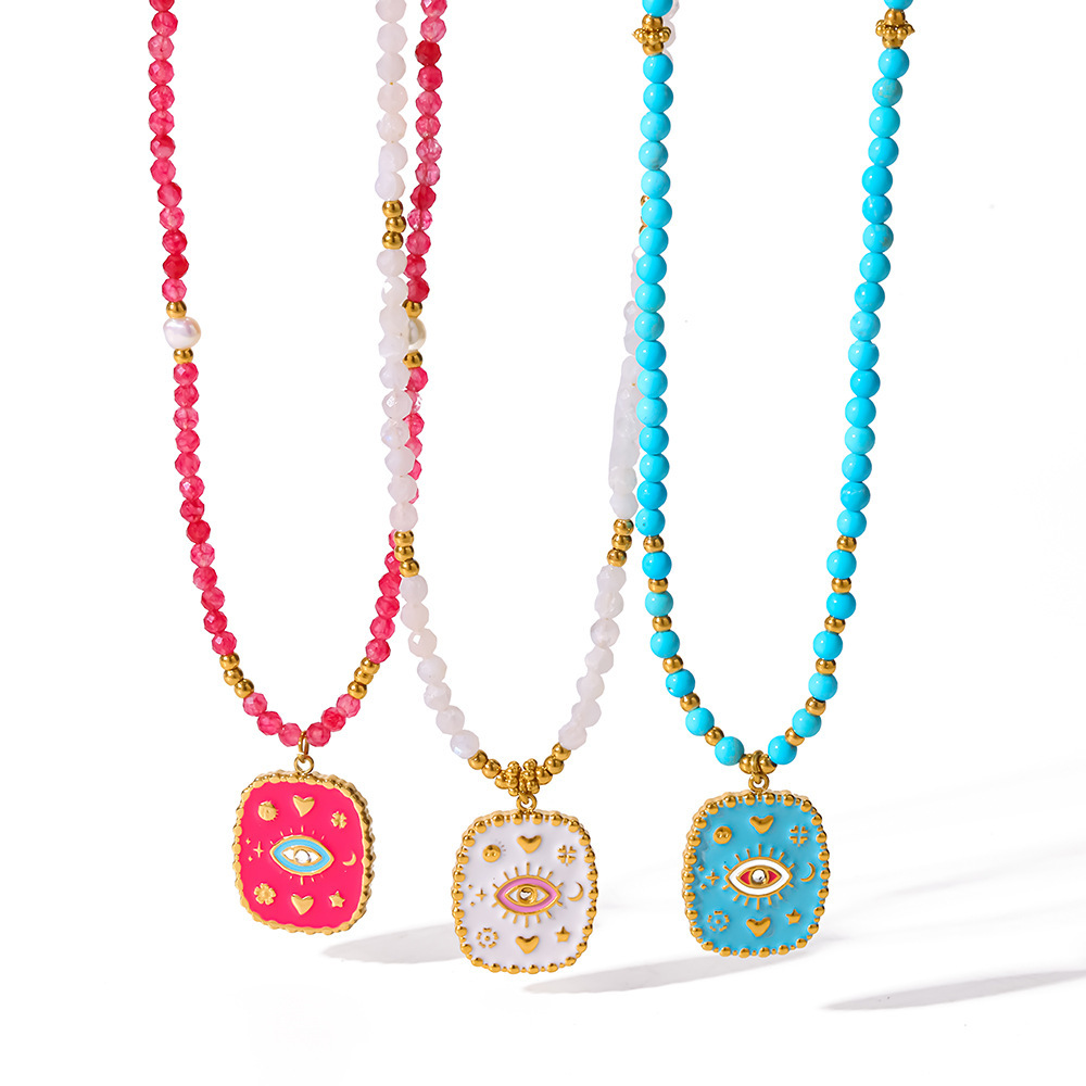 Colliers De Perles Pour Femmes, Style Bohème, Forme Géométrique Œil De Diable, En Acier Inoxydable Étanche Couleur Or Image4