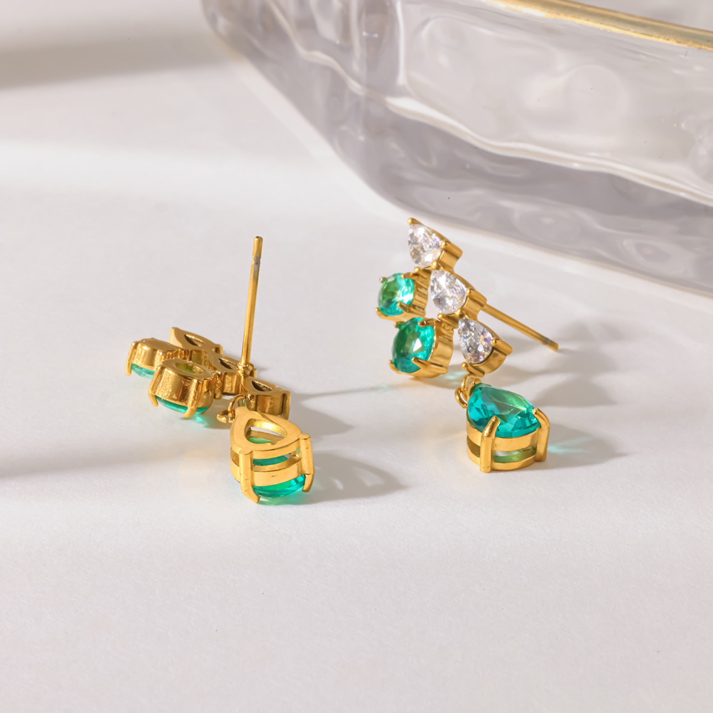 Boucles D'Oreilles Pendantes Pour Femme, Forme Géométrique Goutte D'Eau, En Acier Inoxydable Étanche, Couleur Or, Zircon. Collection Simple. Image3