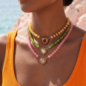 Colliers De Perles Pour Femmes, Collection Simple Series Daily Heart Beads, En Acier Inoxydable, Étanches, Couleur Or, Avec Pierres Naturelles. h5 Image2