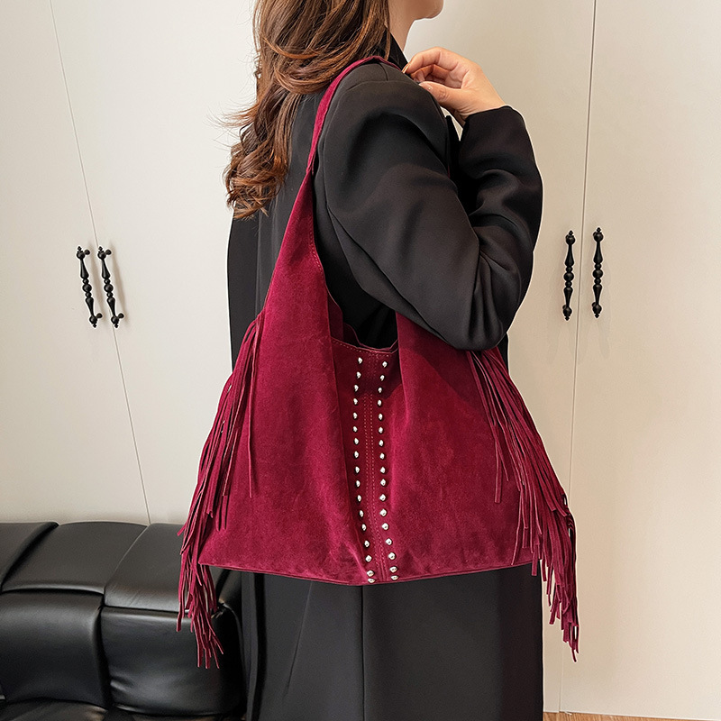 Sacs Cabas À Bandoulière Pour Femmes, Style Bohème, À Pompons Cloutés Et Rivets, Couleur Unie, En Daim. h5Image5