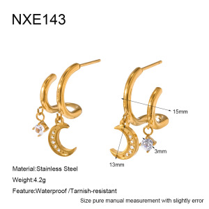 Boucles D'Oreilles Puces Pour Femmes, Collection Romantic Series Daily Lines Moon, En Acier Inoxydable, Couleur Or, Étanches, Avec Zircon. h5 