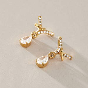 Boucles D'Oreilles Pendantes Pour Femme En Acier Inoxydable Doré, Imperméables, Avec Nœud Papillon, Strass Et Zircon. h5 Image2