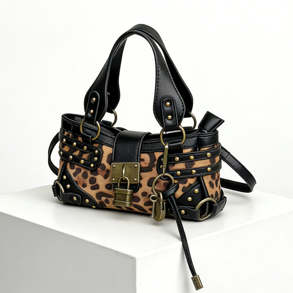 Sacs À Main Carrés Pour Femmes En Pu, Style Streetwear, Avec Quincaillerie Métallique, Patchwork Imprimé Clouté Et Imprimé Léopard, Fermoir À Rivets. 