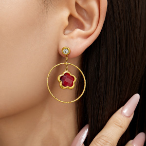 Boucles D'Oreilles Pendantes Pour Femme, Élégantes Et Raffinées, En Forme De Fleur De Verre, En Acier Inoxydable Étanche, Couleur Or Et Zircon. Collection Luxueuse. h5 Image3