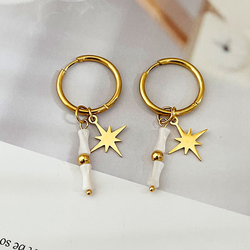 Boucles D'Oreilles Créoles Pour Femmes, Style Rétro, Perles, Étoile Et Cercle, En Acier Inoxydable, Étanches, Couleur Or, Collection Romantique Image3