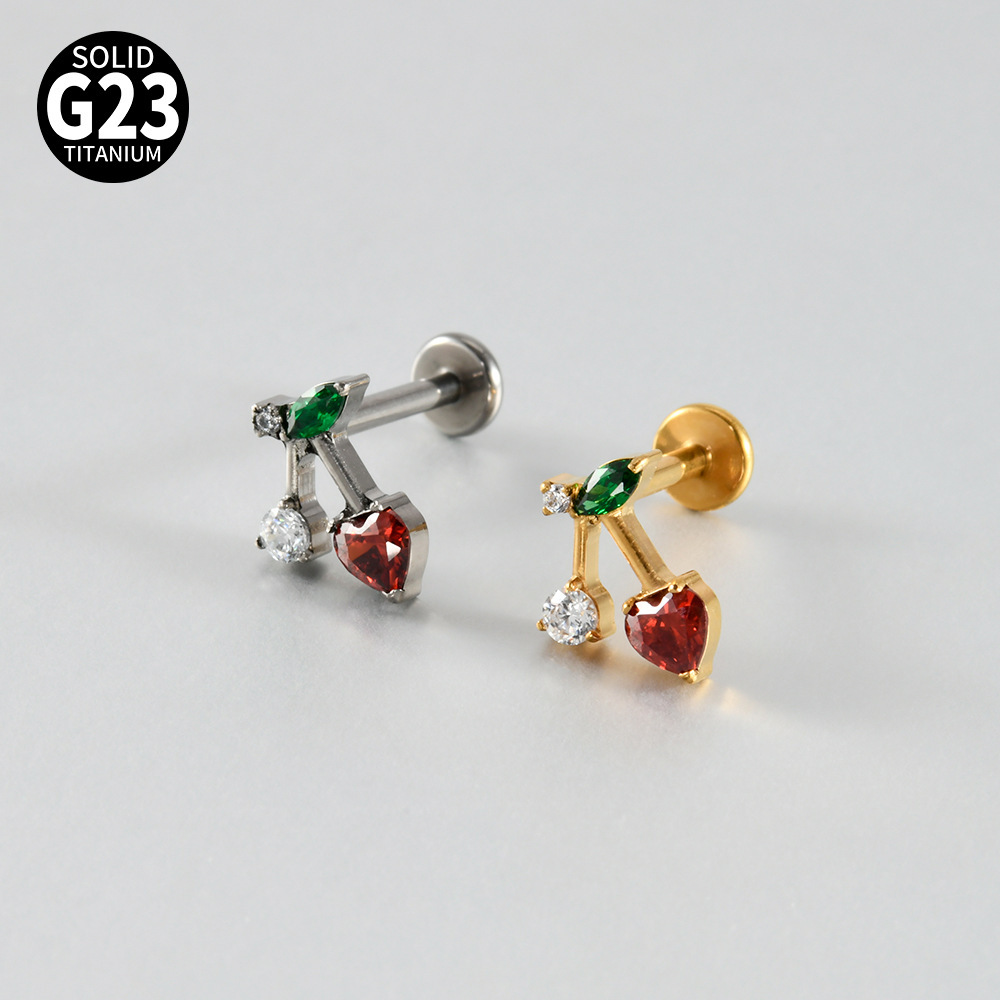 Boucles D'Oreilles Piercing Pour Femmes, Forme Irrégulière Cerise, En Acier Inoxydable Étanche, Couleur Or, Avec Zircon. Collection Simple, Pour Tous Les Jours. h5Image2