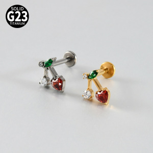 Boucles D'Oreilles Piercing Pour Femmes, Forme Irrégulière Cerise, En Acier Inoxydable Étanche, Couleur Or, Avec Zircon. Collection Simple, Pour Tous Les Jours. h5 Image2