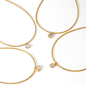 Collier Ras-De-Cou Pour Femme, En Acier Inoxydable Imperméable, Couleur Or, Forme Ellipse, Style Goutte Simple, Avec Zircon. h5 Image4