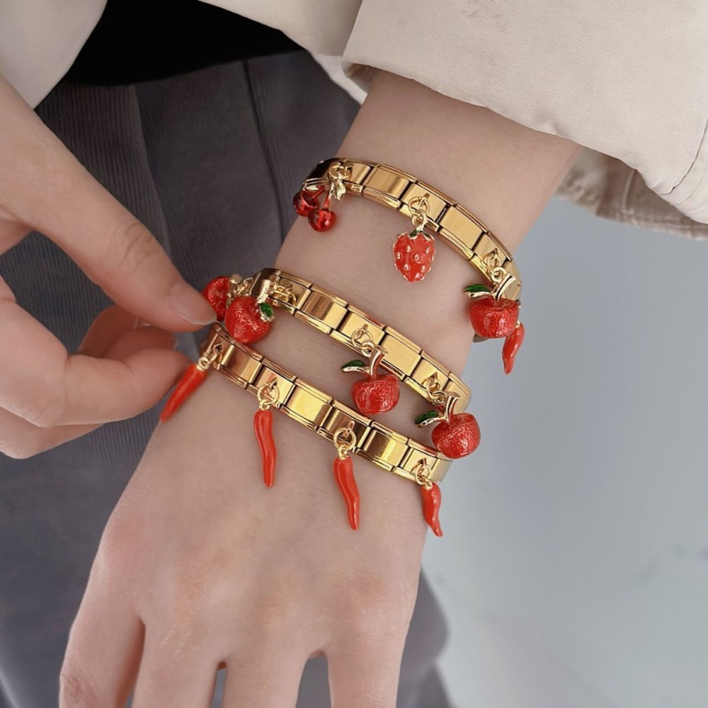 Bracelet Jonc Pour Femme, Collection Luxueuse, Style Rétro, Motif Patchwork De Fruits, Cerise Et Piment, En Acier Inoxydable, Couleur Or, Étanche Image2