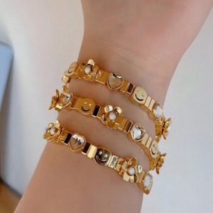 Ensembles De Bracelets Pour Femmes En Alliage Doré, Motif Cœur Souriant, Collection Quotidienne De Luxe h5 Image2