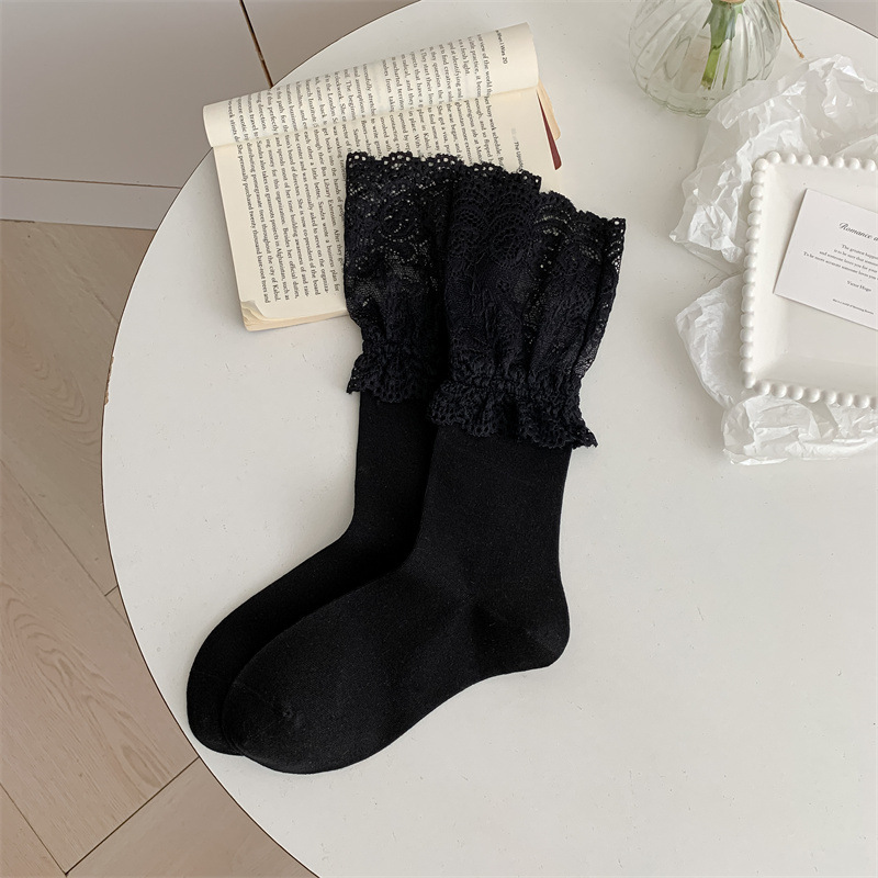 Chaussettes Mi-Mollet Élégantes À Empiècements De Dentelle Unie 