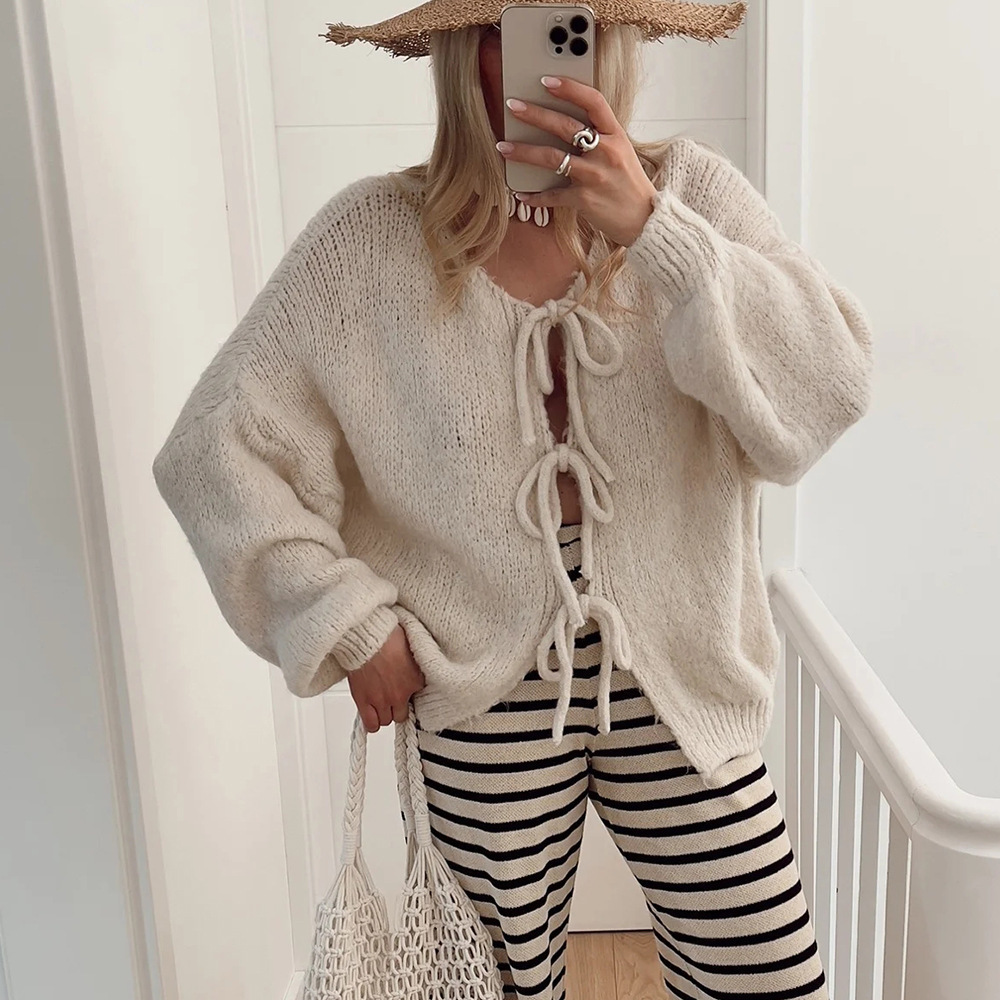 Cardigan Élégant En Maille Unie À Col Rond Et Coupe Ample, Avec Liens À Nouer h5Image3