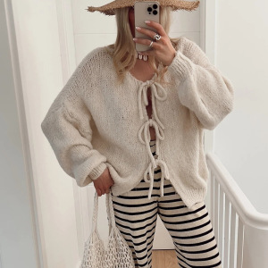 Cardigan Élégant En Maille Unie À Col Rond Et Coupe Ample, Avec Liens À Nouer h5 Image3