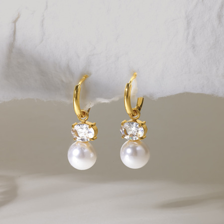 Boucles d'oreilles pendantes pour femme, style elliptique, en acier inoxydable, couleur or, avec zircon, étanches, collection Simple Series Daily.