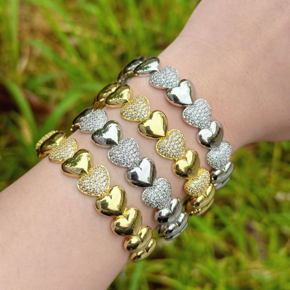 Bracelets Pour Femmes De La Série Luxueuse, Simples, En Patchwork De Cœurs, Couleur Cuivre Doré Et Zircon Image2