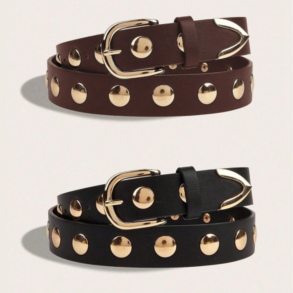 Ceinture En Cuir Pu À Rivets, Couleur Unie, Style Rétro, Série Simple h5Image4