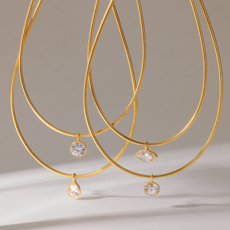 Collier ras-de-cou pour femme, en acier inoxydable imperméable, couleur or, forme ellipse, style goutte simple, avec zircon.