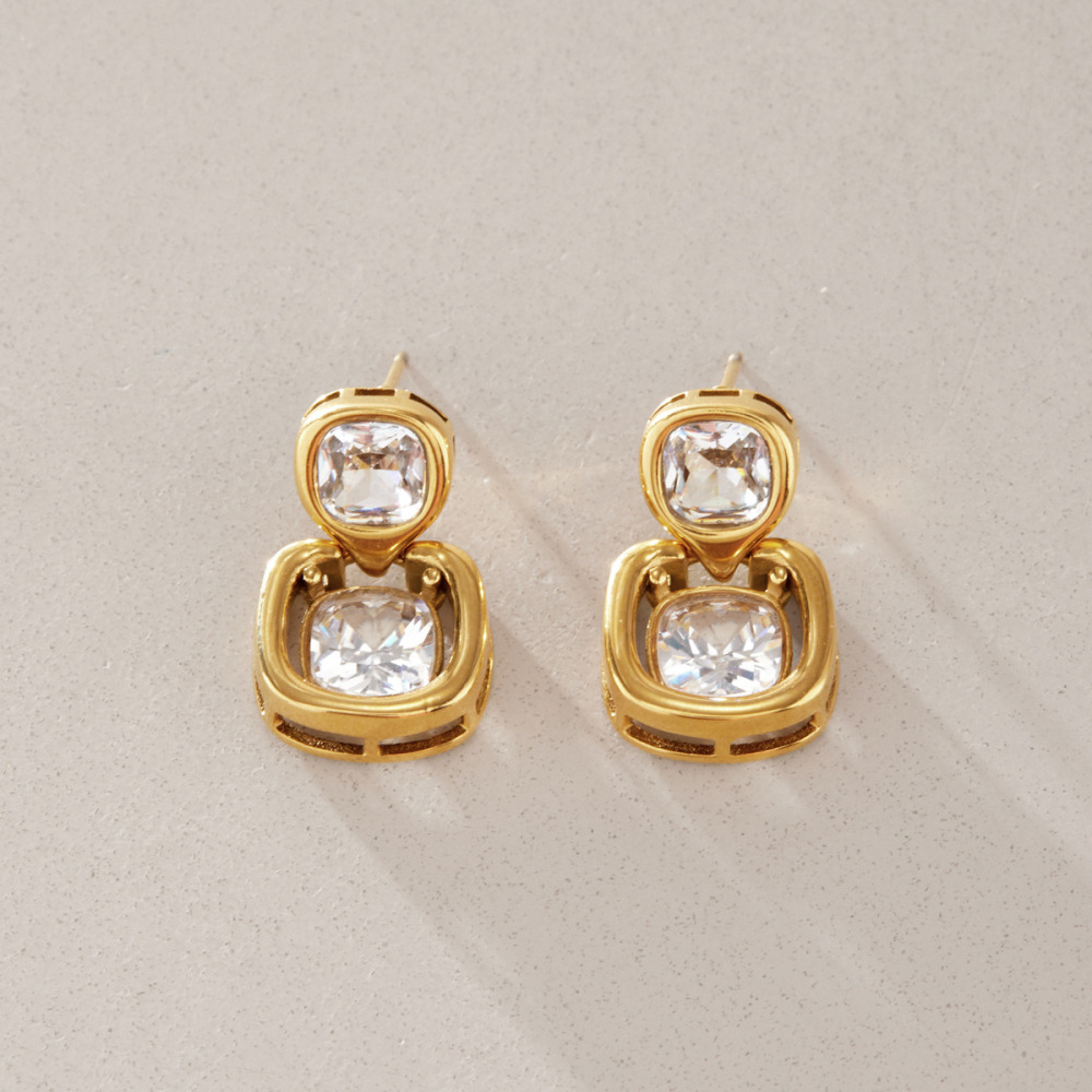 Boucles D'Oreilles Puces Élégantes En Forme De Rectangle Patchwork, En Acier Inoxydable Imperméable, Couleur Or, Avec Zircon, Collection Luxueuse h5Image3