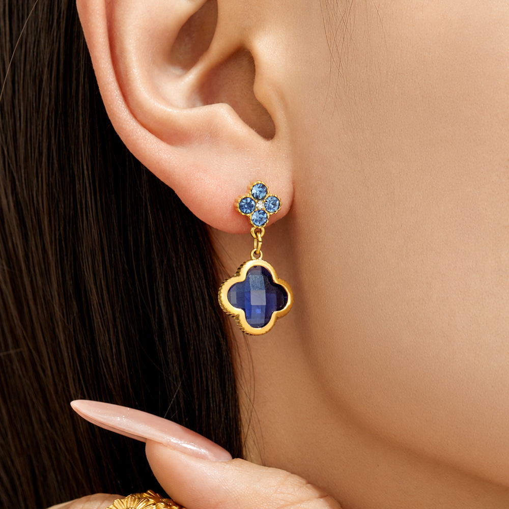 Boucles D'Oreilles Pendantes Pour Femme, Élégantes Et Raffinées, En Forme De Fleur De Verre, En Acier Inoxydable Étanche, Couleur Or Et Zircon. Collection Luxueuse Image3