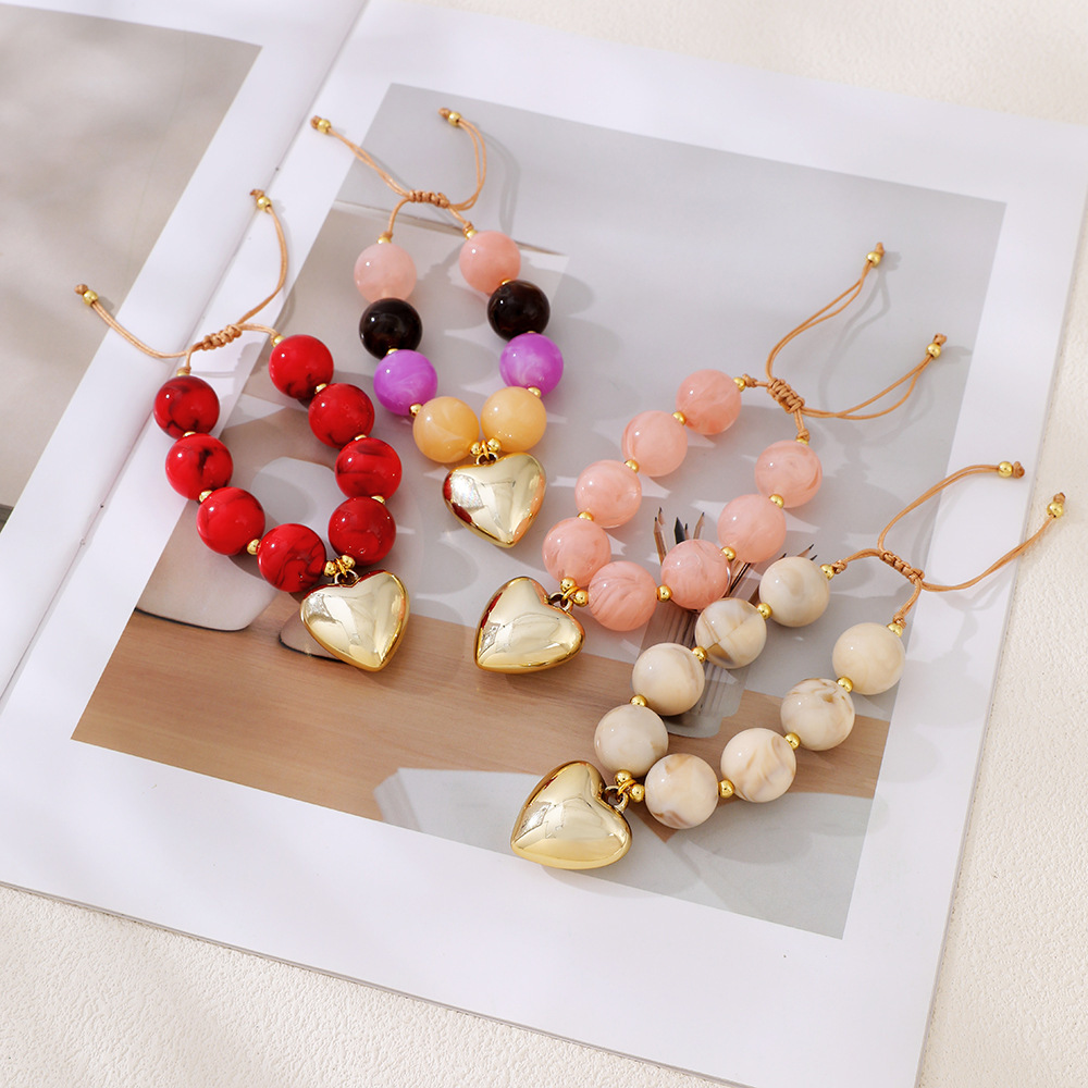 Bracelets De Perles Rétro En Forme De Cœur, Dégradé De Couleurs, En Résine Dorée, Pour Femmes h5Image3