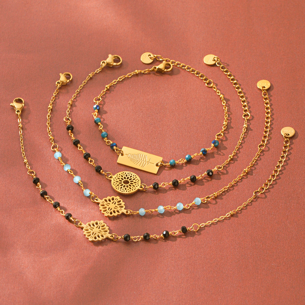 Bracelet À Perles Pour Femme Simple Series Daily Beads, Chaîne Ajourée, Acier Inoxydable, Étanche, Couleur Or Image3