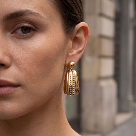 Boucles D'Oreilles Pendantes Pour Femme, En Acier Inoxydable Doré, Forme Géométrique Goutte, Étanches, Zircon, Collection Luxueuse.