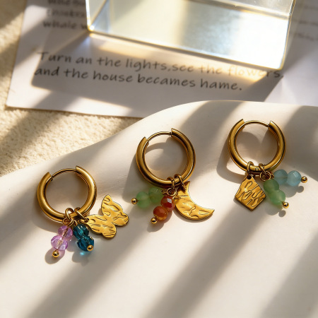 Boucles d'oreilles pendantes pour femme, collection romantique, motif papillon, lune et marteau, en acier inoxydable étanche, couleur or.