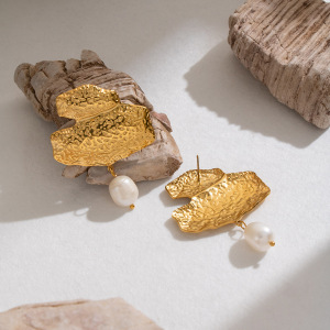 Boucles D'Oreilles Pendantes Pour Femme, En Acier Inoxydable Doré, Forme Géométrique, Imperméables, Perles D'Eau Douce h5 Image3