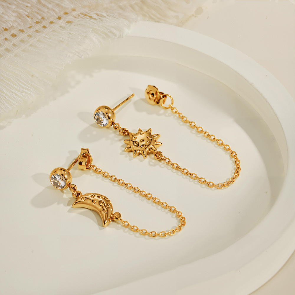 Boucles D'Oreilles Pendantes Pour Femmes, Style Simple Series, En Acier Inoxydable, Étanches, Motif Soleil Et Lune. Image4