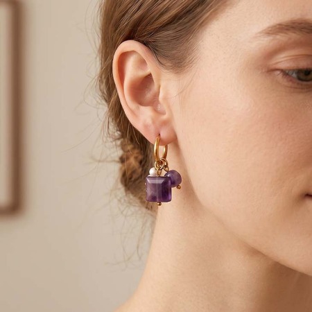 Boucles d'oreilles pendantes pour femme, style romantique, en acier inoxydable rectangulaire, étanches, couleur or, avec pierres naturelles.